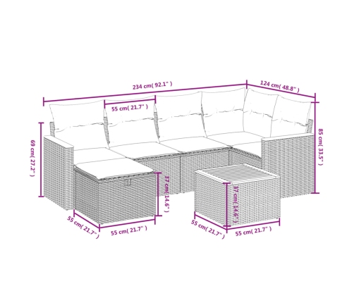 Set de sofás de jardín 7 piezas con cojines ratán PE gris