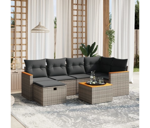 Set de sofás de jardín 7 piezas con cojines ratán PE gris