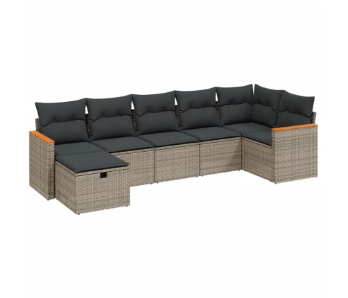 Set de sofás de jardín 7 piezas con cojines ratán PE gris