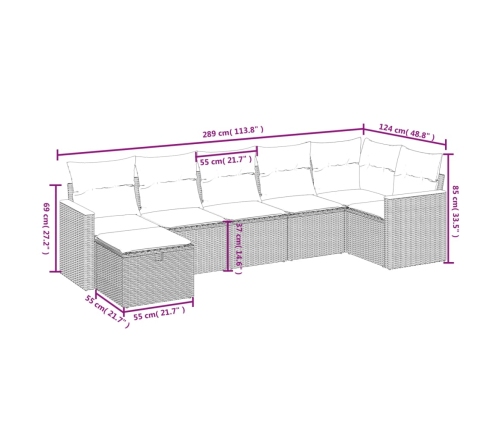 Set de sofás de jardín 7 piezas con cojines ratán PE gris