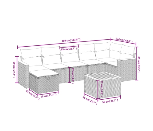 Set de sofás de jardín 8 pzas y cojines ratán sintético gris