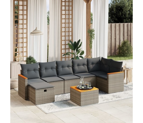 Set de sofás de jardín 8 pzas y cojines ratán sintético gris
