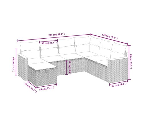Set de comedor de jardín 7 pzas y cojines ratán sintético negro