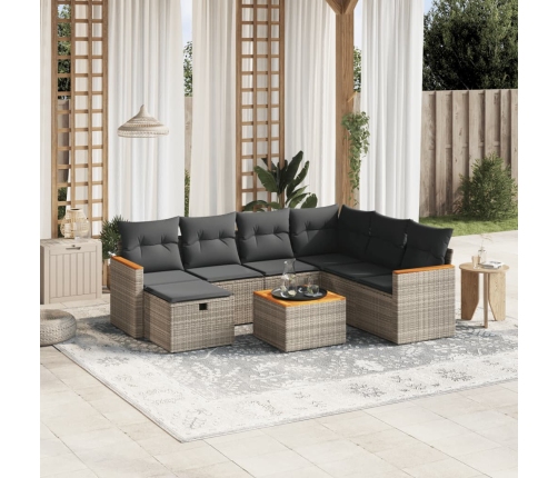 Set de sofás de jardín 8 pzas y cojines ratán sintético gris