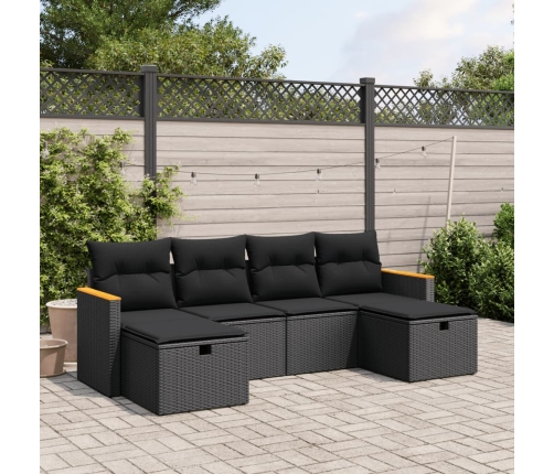 Set de sofás de jardín 6 piezas y cojines ratán sintético negro