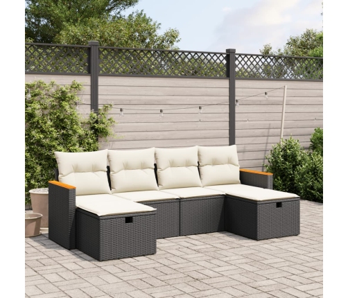 Set de sofás de jardín 6 piezas y cojines ratán sintético negro