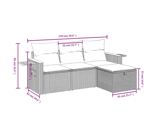 Set de sofás de jardín 4 pzas y cojines ratán sintético gris
