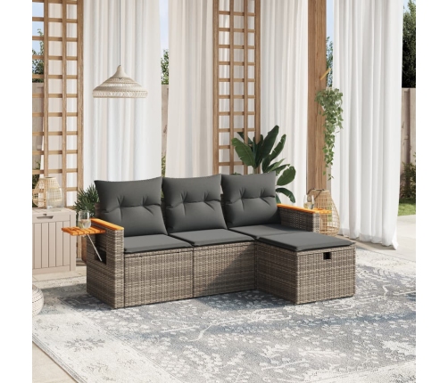Set de sofás de jardín 4 pzas y cojines ratán sintético gris