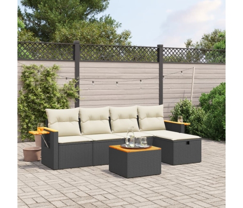 Set de sofás de jardín 6 piezas y cojines ratán sintético negro