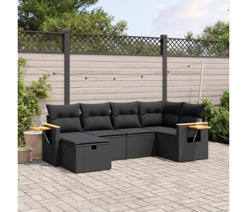 Set de sofás de jardín 6 piezas y cojines ratán sintético negro