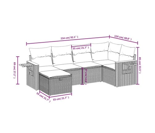 Set de comedor de jardín 7 pzas y cojines ratán sintético negro