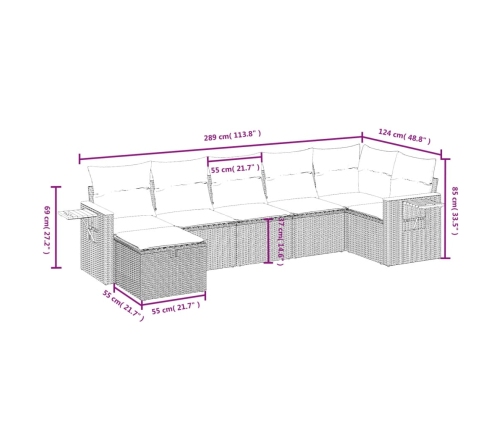 Set de comedor de jardín 7 pzas y cojines ratán sintético negro