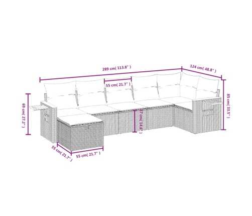 Set de comedor de jardín 7 pzas y cojines ratán sintético negro
