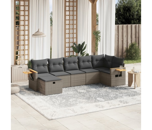 Set de sofás de jardín 7 piezas con cojines ratán PE gris