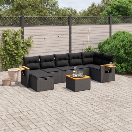 Set de sofás de jardín 8 piezas y cojines ratán sintético negro