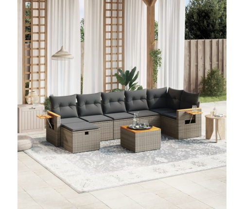 Set de sofás de jardín 8 pzas y cojines ratán sintético gris