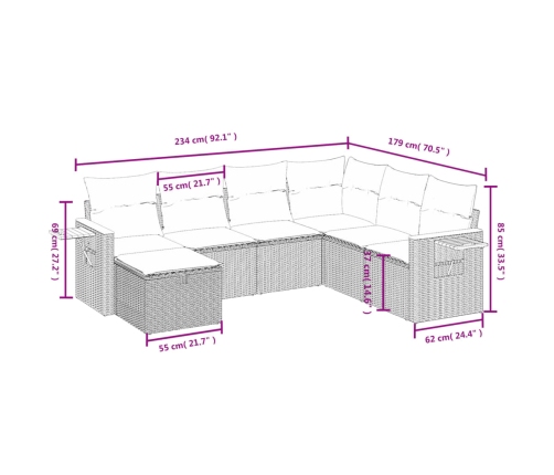 Set de comedor de jardín 7 pzas y cojines ratán sintético negro