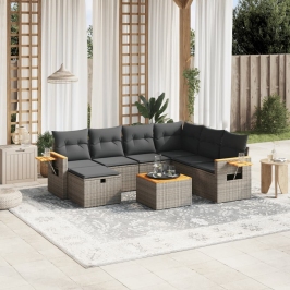 Set de sofás de jardín 8 pzas y cojines ratán sintético gris