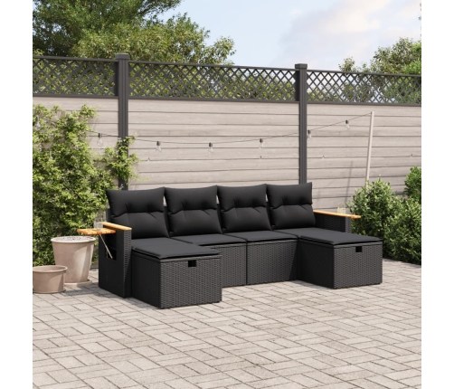 Set de sofás de jardín 6 piezas y cojines ratán sintético negro