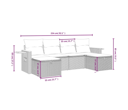 Set de muebles de jardín 6 pzas y cojines ratán sintético gris