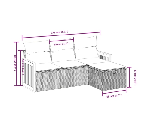 Set de sofás de jardín 4 pzas y cojines ratán sintético gris