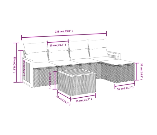 Set de muebles de jardín 6 pzas y cojines ratán sintético gris