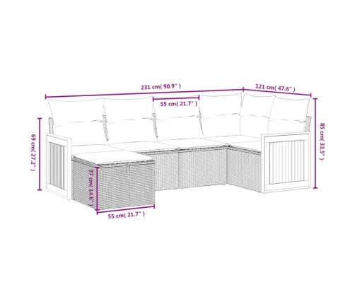Set de muebles de jardín 6 pzas y cojines ratán sintético gris