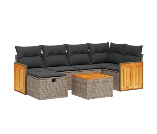 Set de sofás de jardín 7 piezas con cojines ratán PE gris