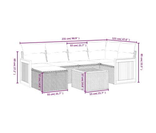 Set de sofás de jardín 7 piezas con cojines ratán PE gris