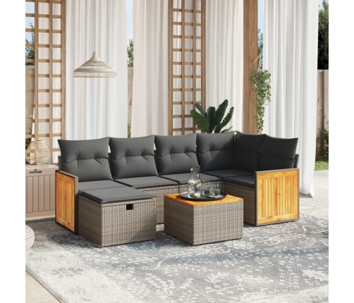 Set de sofás de jardín 7 piezas con cojines ratán PE gris