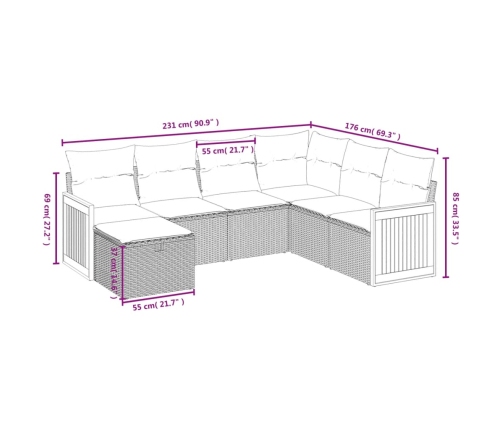 Set de comedor de jardín 7 pzas y cojines ratán sintético negro