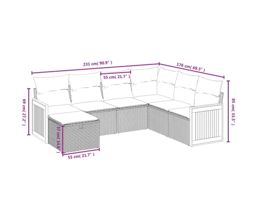 Set de comedor de jardín 7 pzas y cojines ratán sintético negro