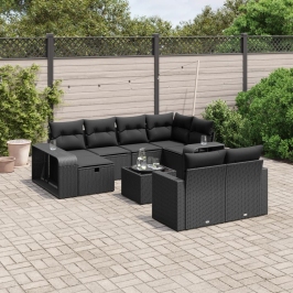 Set de sofás de jardín 11 pzas y cojines ratán sintético negro