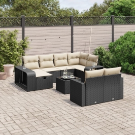 Set de sofás de jardín 11 pzas y cojines ratán sintético negro