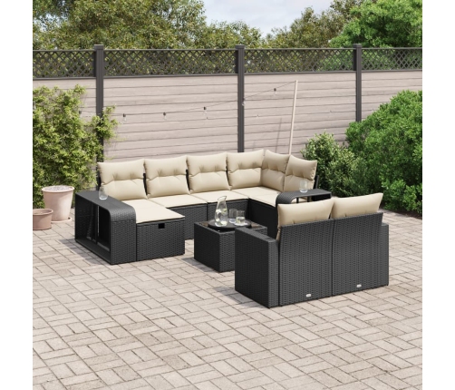 Set de sofás de jardín 11 pzas y cojines ratán sintético negro