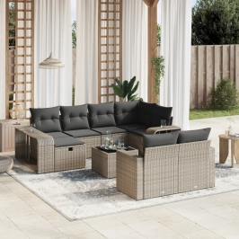 Set de sofás de jardín 11 pzas y cojines ratán sintético gris
