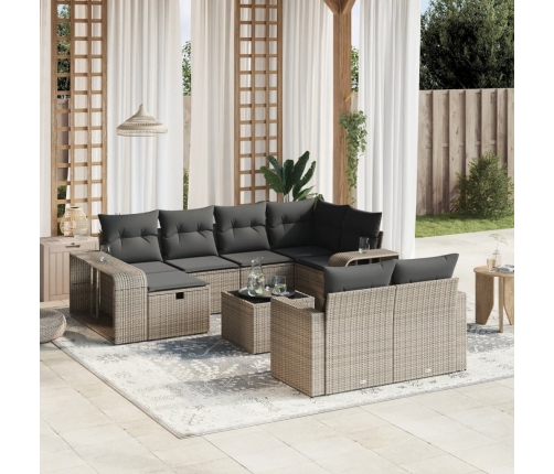 Set de sofás de jardín 11 pzas y cojines ratán sintético gris