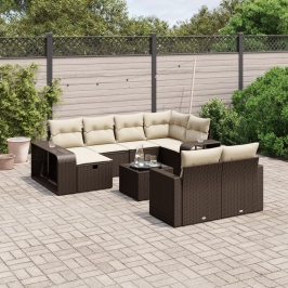 Set de sofás de jardín 11 pzas cojines ratán sintético marrón