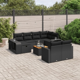 Set de sofás de jardín 11 pzas y cojines ratán sintético negro