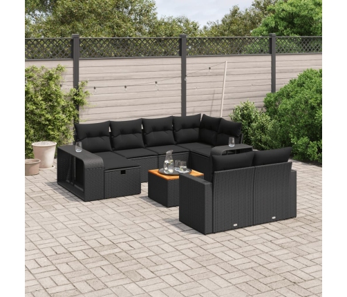 Set de sofás de jardín 11 pzas y cojines ratán sintético negro