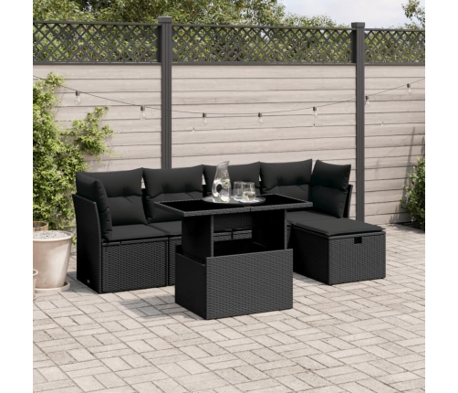 Set de sofás de jardín 6 piezas y cojines ratán sintético negro