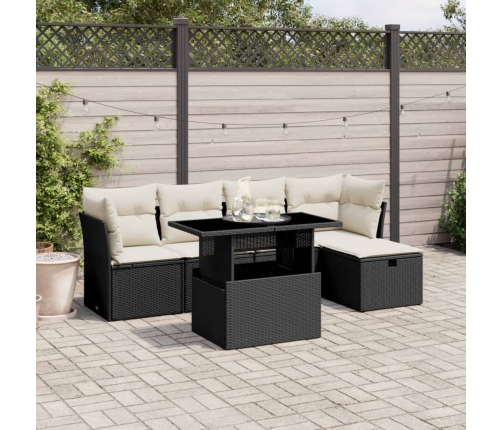 Set de sofás de jardín 6 piezas y cojines ratán sintético negro