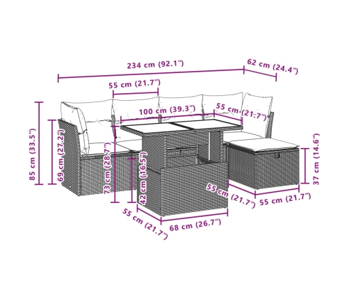 Set de muebles de jardín 6 pzas y cojines ratán sintético gris