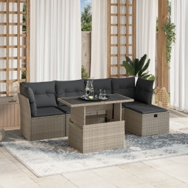 Set de sofás de jardín 6 pzas y cojines ratán sintético gris