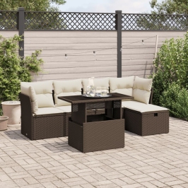 Set sofás de jardín 6 piezas y cojines ratán sintético marrón