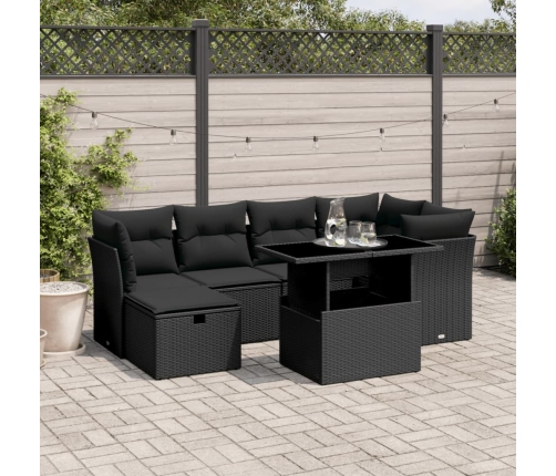 Set de sofás de jardín 7 pzas con cojines ratán sintético negro