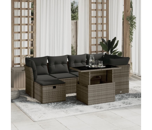 Set de sofás de jardín 7 pzas con cojines ratán sintético gris