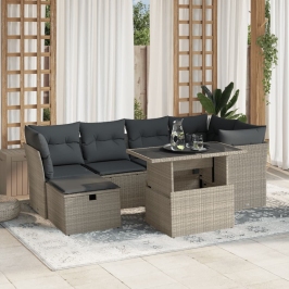 Set de sofás de jardín 7 pzas con cojines ratán PE gris claro