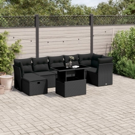 Set de sofás de jardín 8 piezas y cojines ratán sintético negro