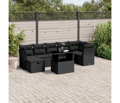 Set de sofás de jardín 8 piezas y cojines ratán sintético negro